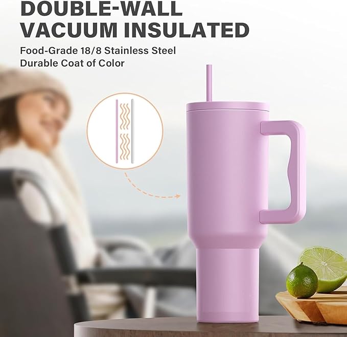 Tumbler with lid and Straw 1200ML Cup Stainless Steel Vacuum Insulated Tumbler for Water, Iced Tea or Coffee 1.2L Office Gym Travelling (40 - Oz - Lavender Mist)
